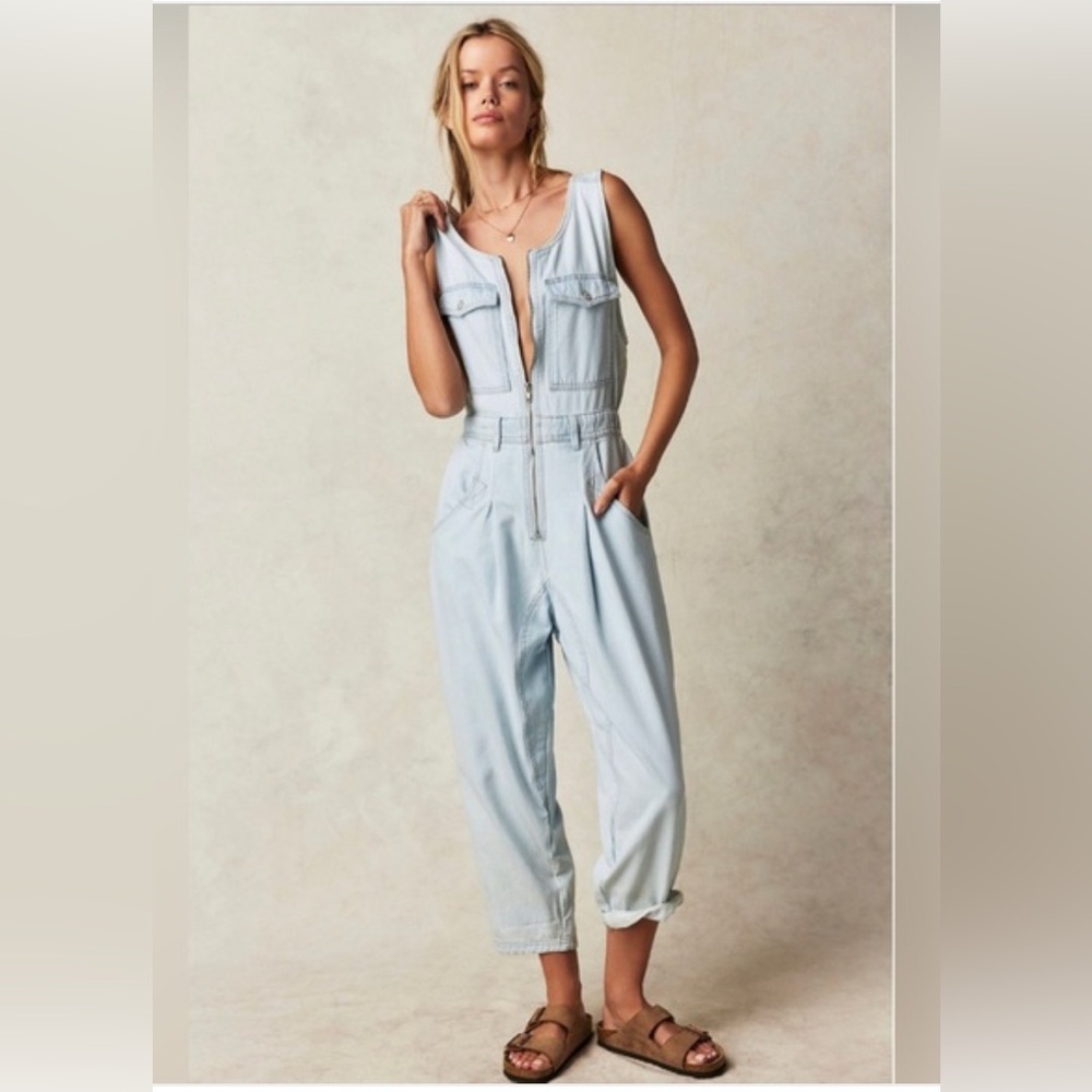 Free People Light Blue Denim Utility Jumpsuit